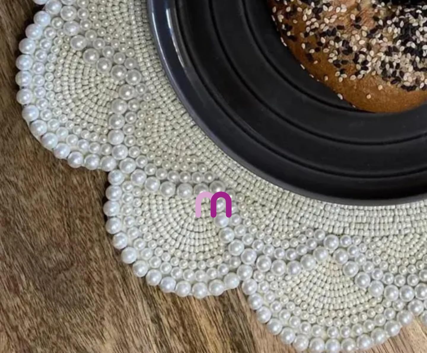 Elegant Pearl Beaded Placemats, White Scalloped Round Table Mat, Decorative Beaded Centerpiece for Dining, Home Decor
