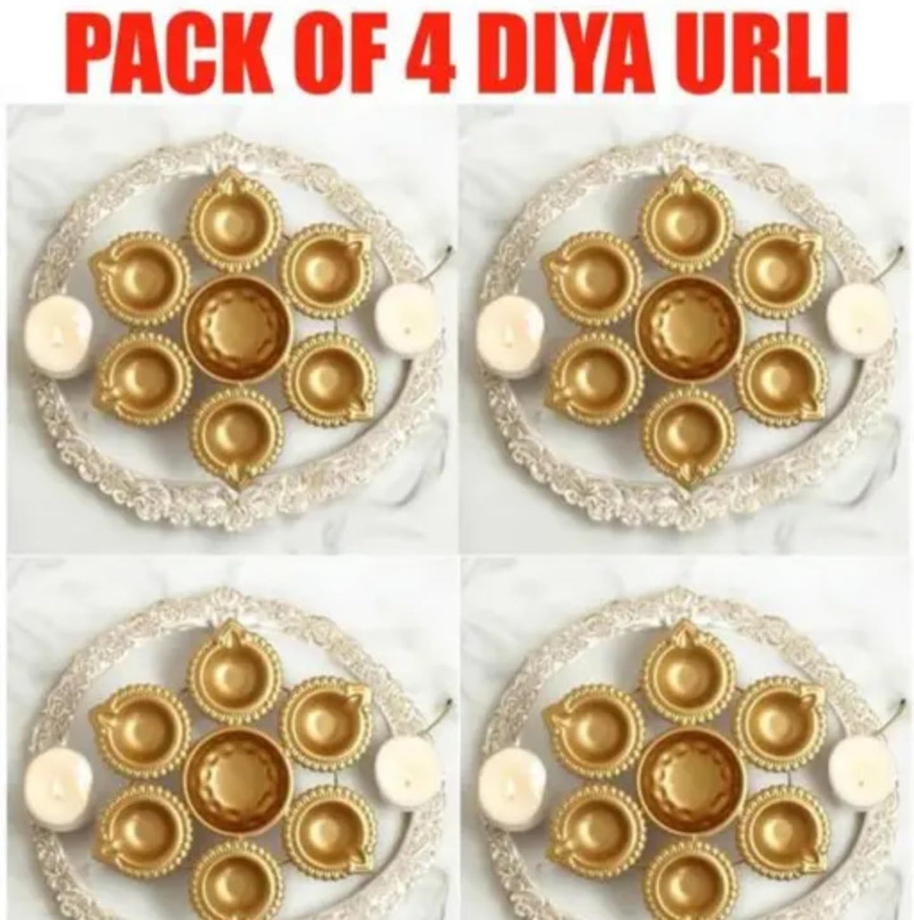Decorative Gold Diya Set, Traditional Brass Oil Lamp Holders for Puja, Ornate Scalloped Design, 8 Connected Diyas
