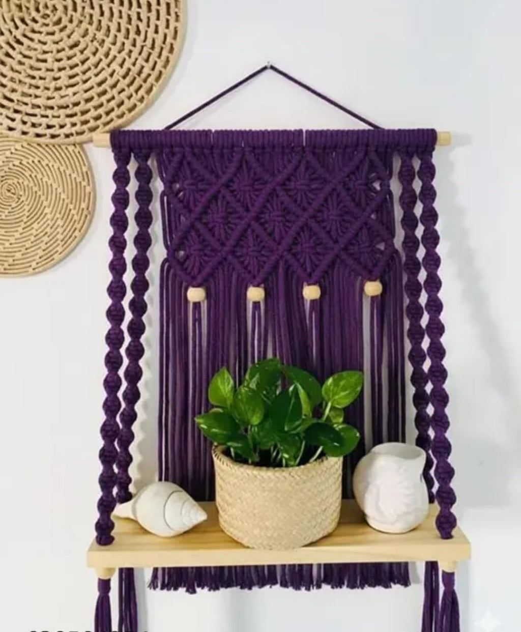 Macrame Wall Hanging, Purple, Boho Style, Wood Bead Accents, Handcrafted Woven Tapestry for Home Decor