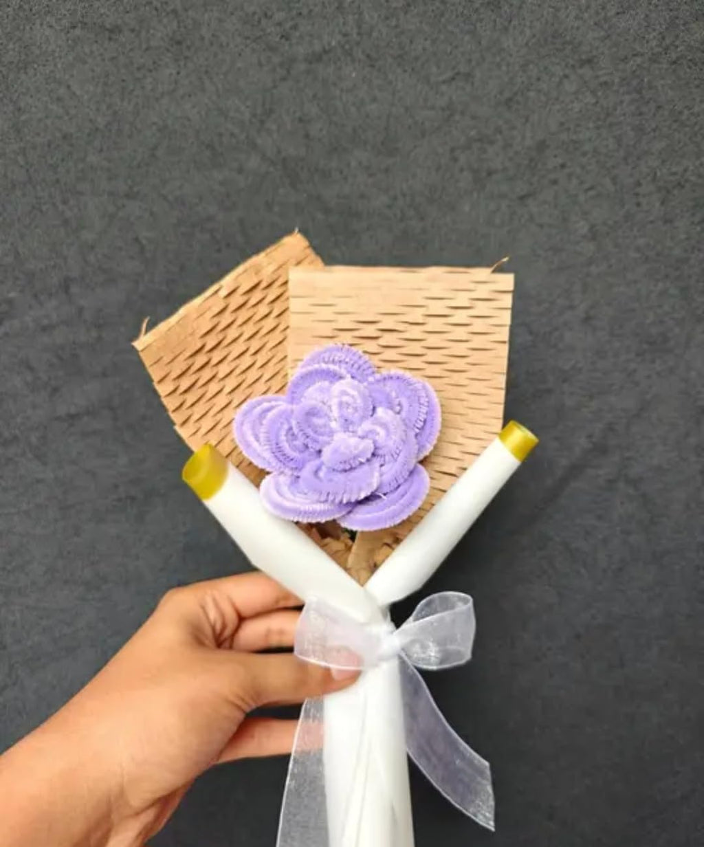 Decorative Flower Bouquet, Purple Lace Flower, Natural Wood Wrap, White Ribbon, Handmade Gift