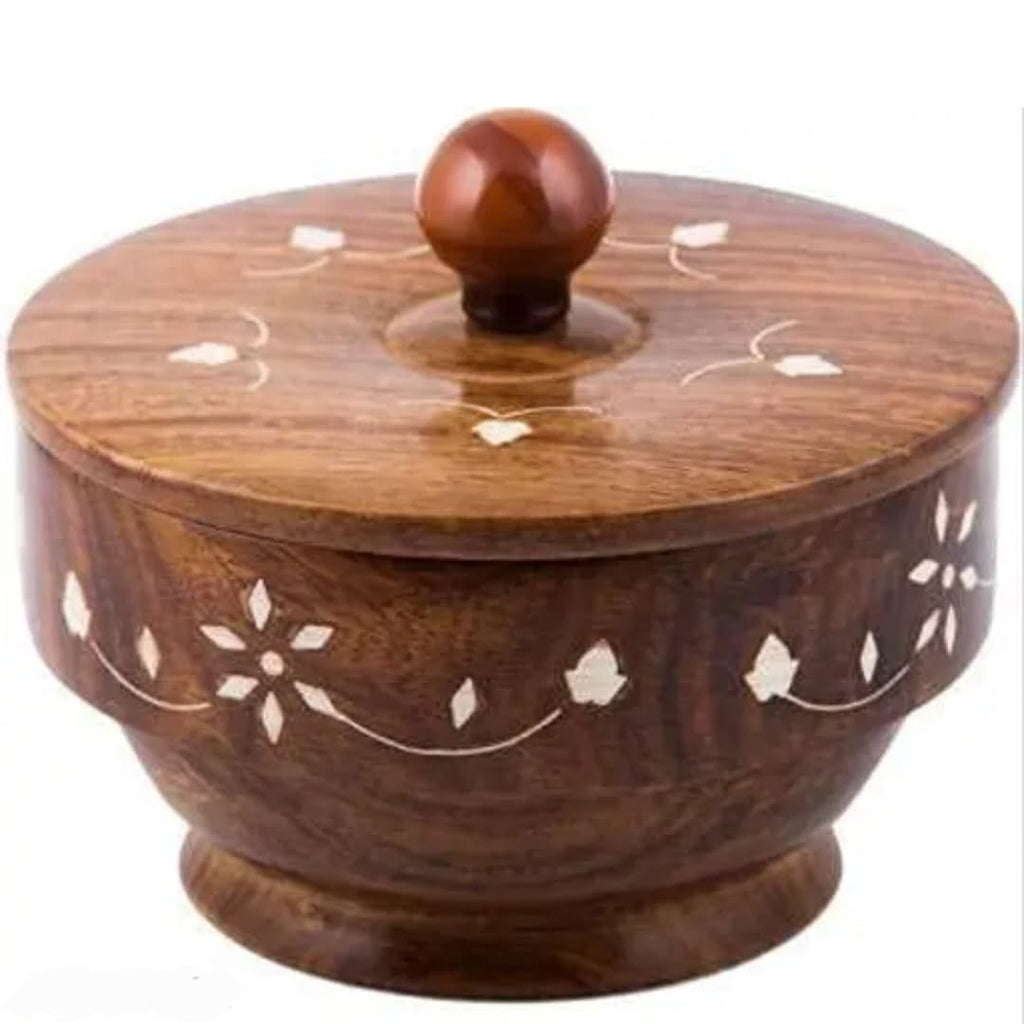 Wooden Chapati Box with Lid, Brown, Handcrafted Floral Inlay Design, Round Storage Container