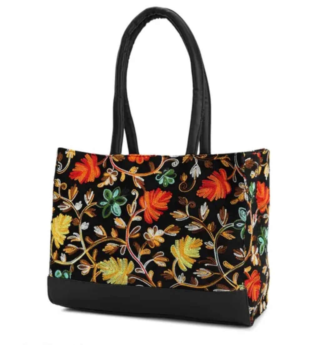 Kashmiri traditional Embroidered Handbag,Floral Embroidered Tote Bag, Black with Orange and Yellow Flowers, Double Handle
