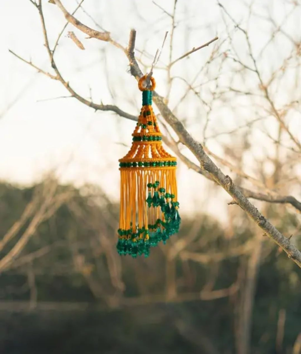 Handcrafted Macrame Hanging Decoration, Yellow and Green, Crystal Beads, Boho Style