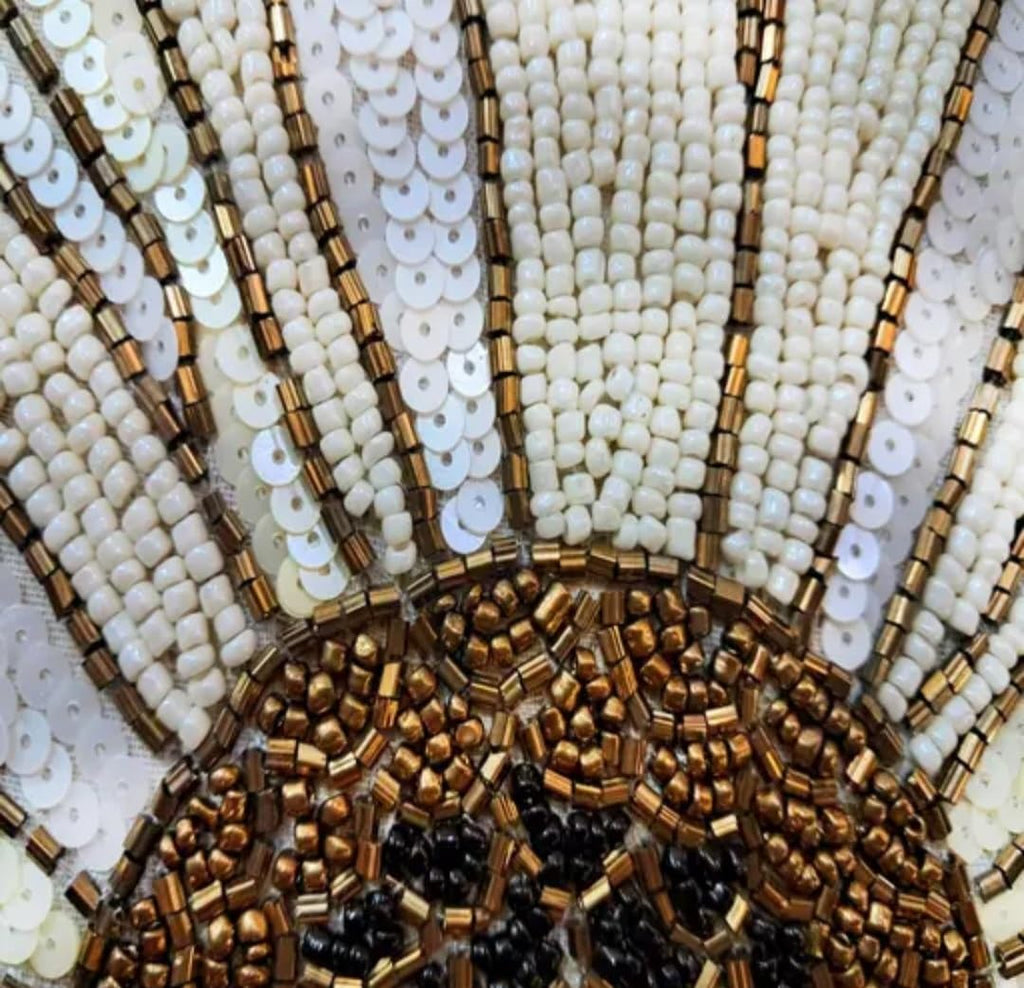 Beaded Daisy Floral Placemat, White and Gold, Sequin Embellished, Round Table Decor