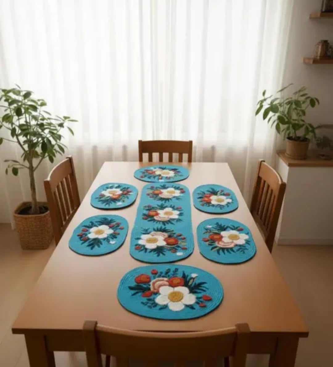 Turquoise Placemats with Floral Design, Round Table Mats, White Daisy Pattern, Set of 8