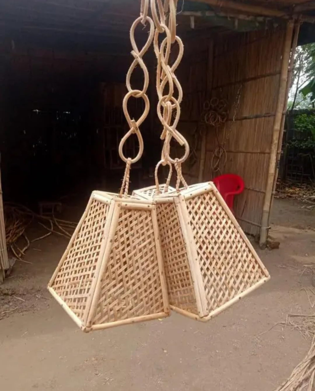 Gold Pendant Light with Lattice Shade, Twisted Chain, Pyramid Shape, Modern Hanging Fixture