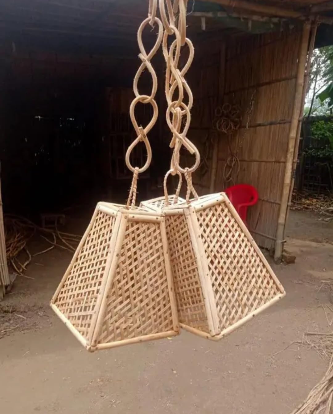 Gold Pendant Light with Lattice Shade, Twisted Chain, Pyramid Shape, Modern Hanging Fixture