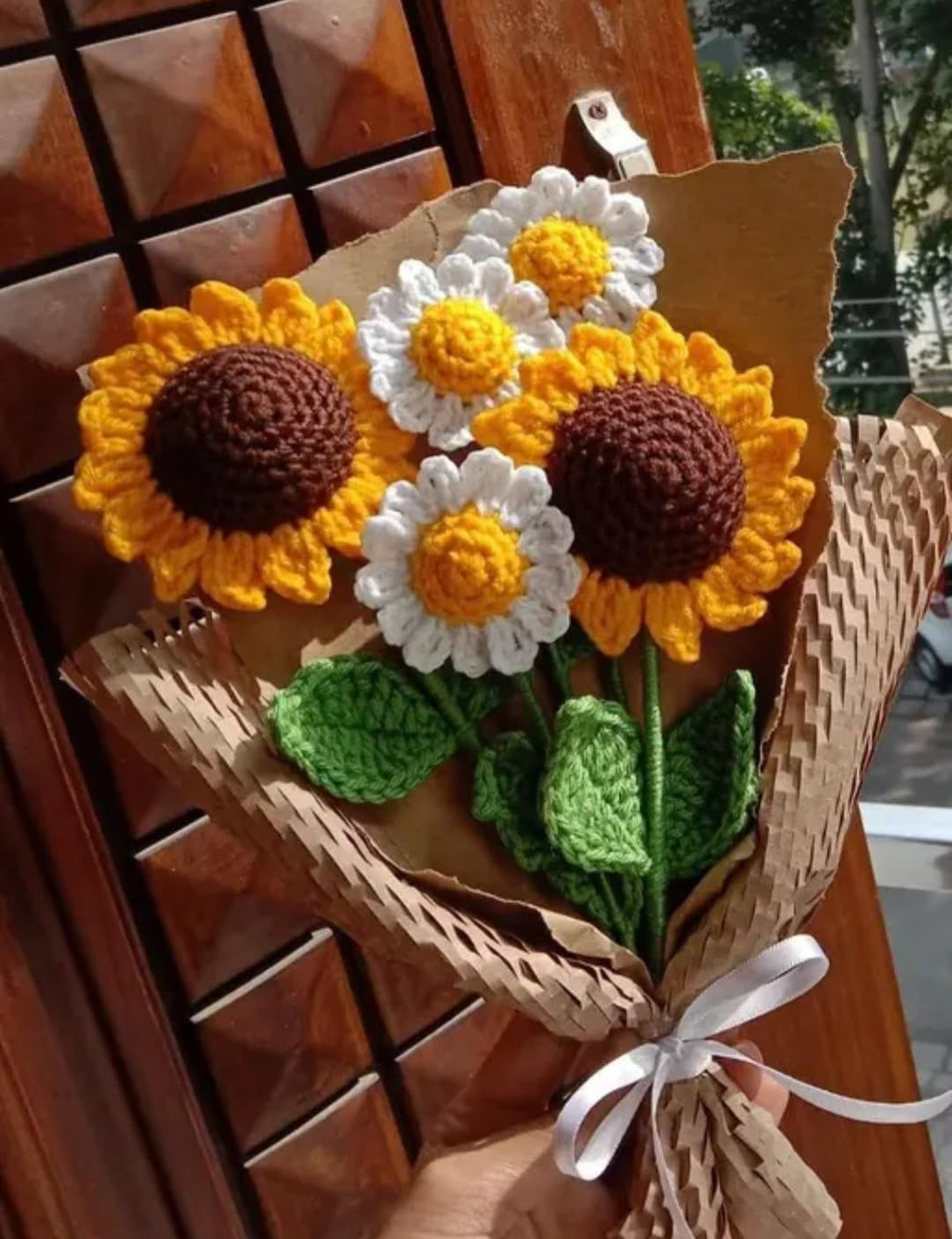Handmade Crochet Flower Bouquet, Sunflowers and Daisies with Green Leaves, Woven Basket