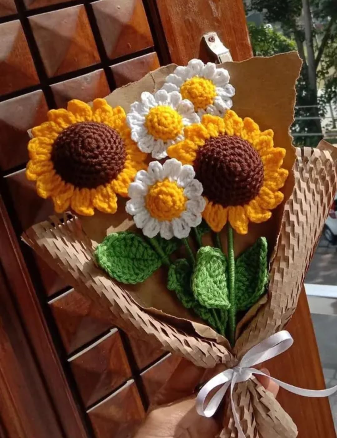 Handmade Crochet Flower Bouquet, Sunflowers and Daisies with Green Leaves, Woven Basket