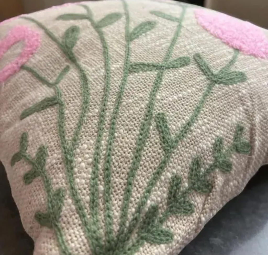 Decorative Throw Pillow Cover, Pink Floral Embroidered Design, Beige Linen, Square Cushion Case