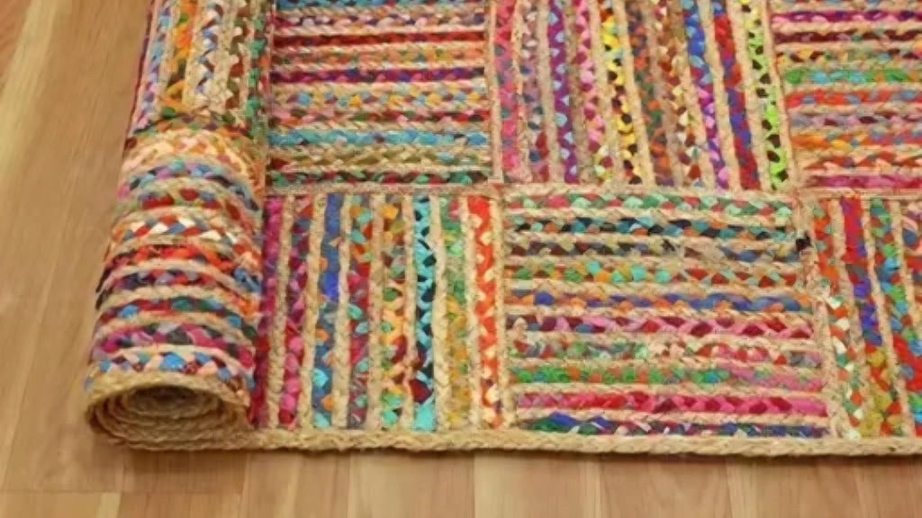 Handwoven Jute and Cotton Multicolor Patchwork Rug, Boho Style, Runner Mat