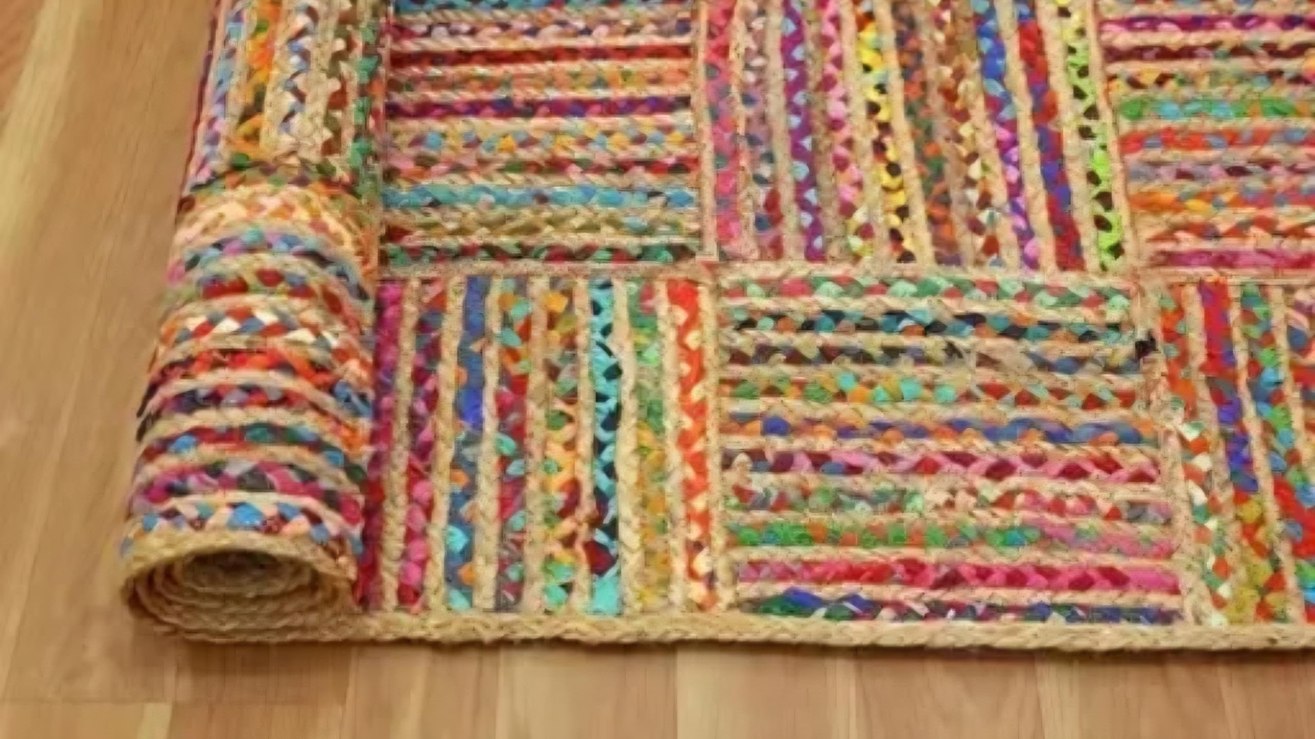 Handwoven Jute and Cotton Multicolor Patchwork Rug, Boho Style, Runner Mat