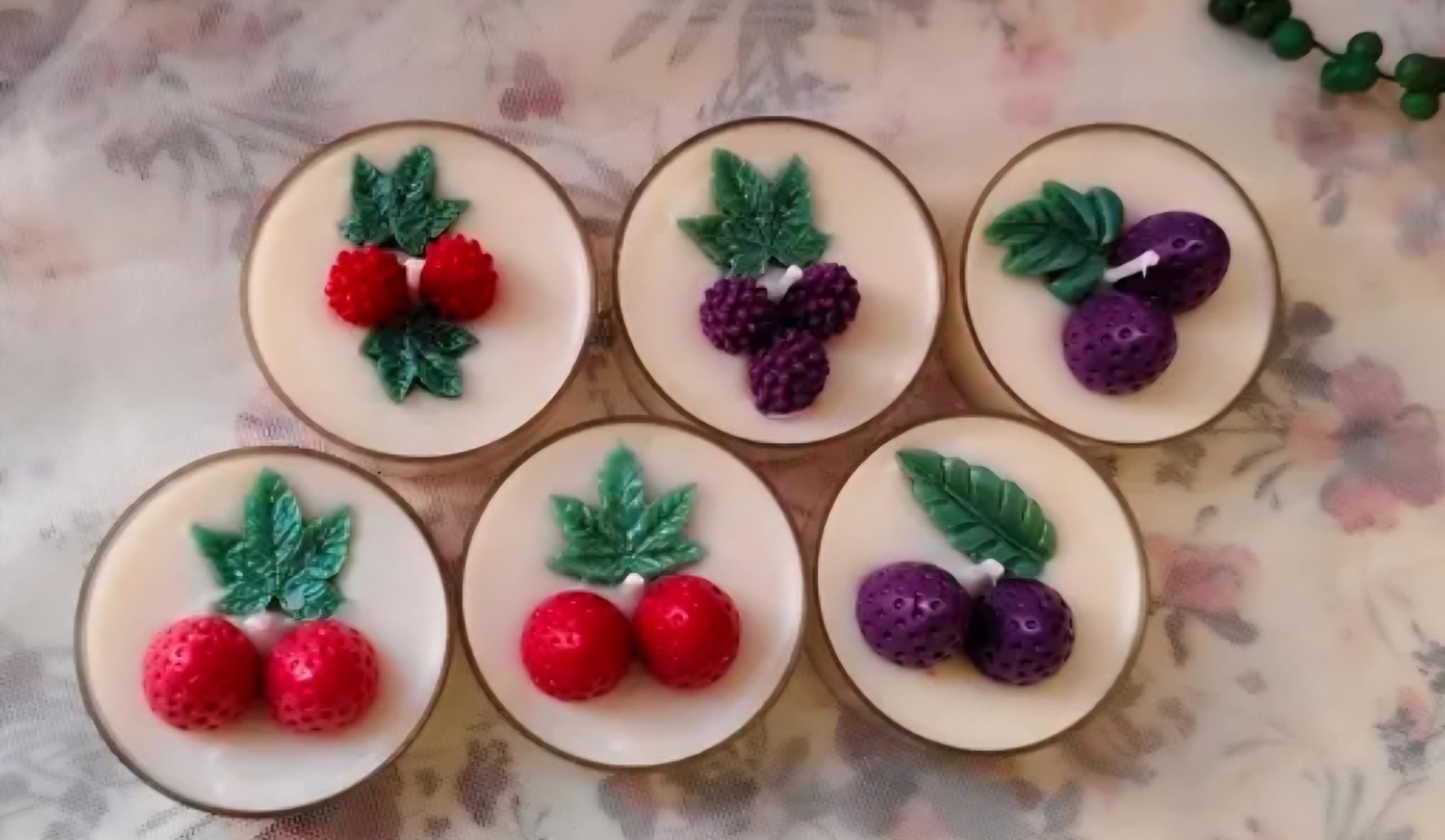 Fruit Themed Decorative Candles, Strawberry and Grape Design, Set of 5, Wax, Round