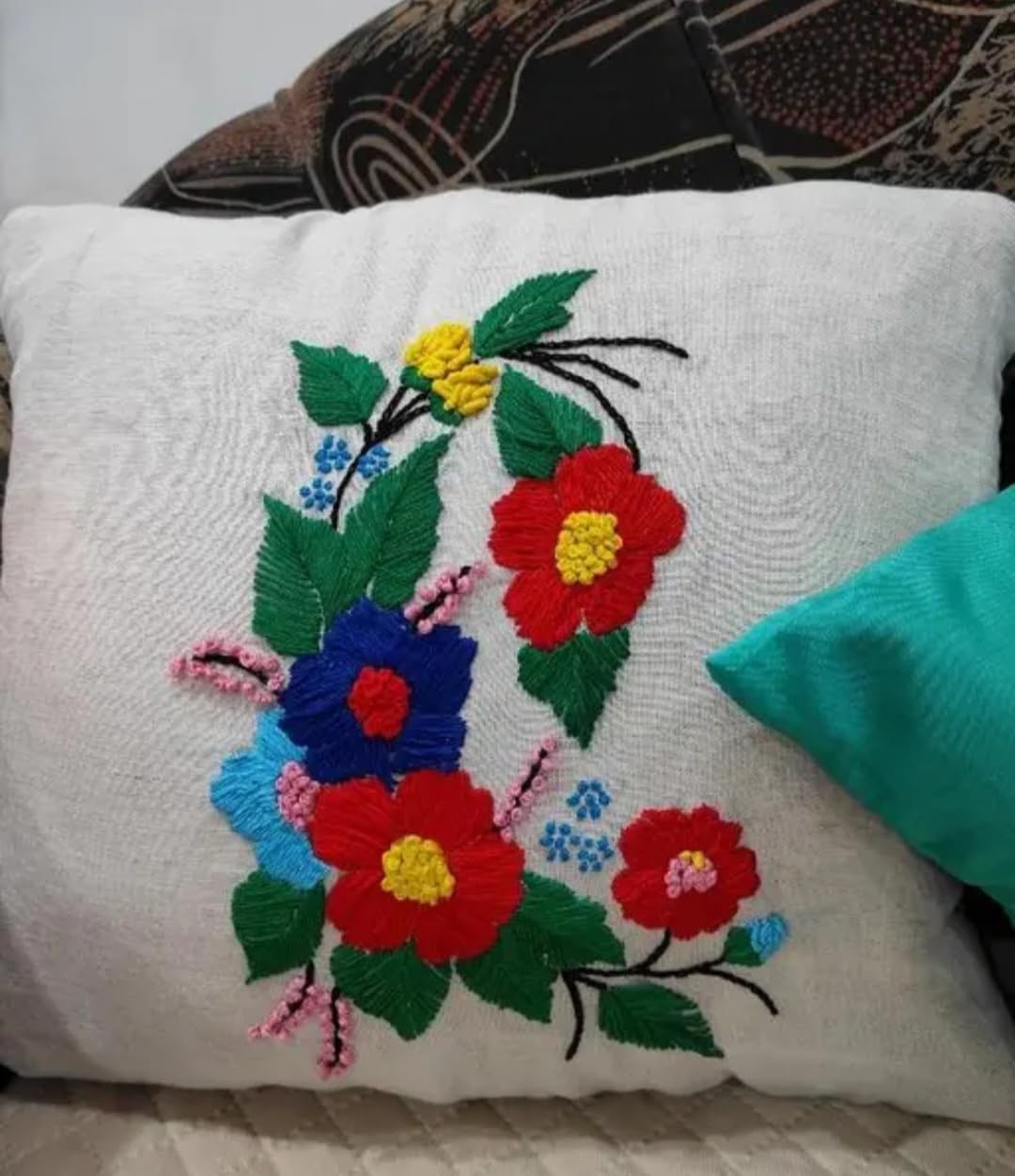 Hand Embroidered Floral Throw Pillow Cover, White, Colorful Flower Bouquet Design, Decorative Cushion Cover