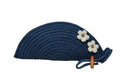 Handcrafted Cotton Fan Clutch, Navy Blue with White Floral Accents, Pearl Button Detail