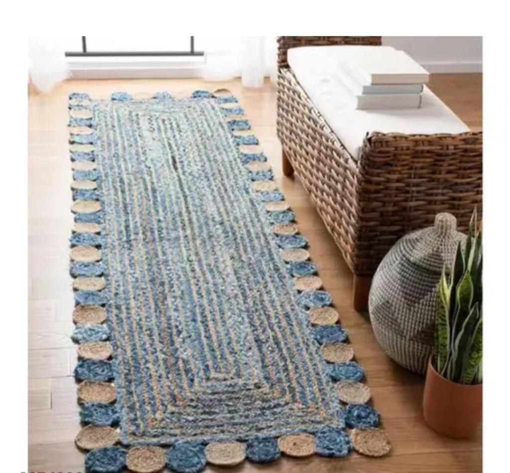 Braided Jute Handmade Runner Rug, Blue and Natural, Decorative Circle Border, Bohemian Style