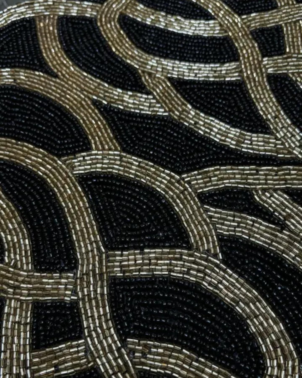 Decorative Handcrafted Table Runner, Black and Gold, Beaded Design, Oval Pattern, Elegant Home Decor