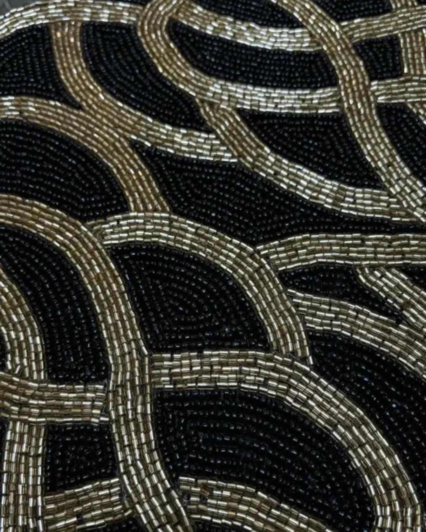 Decorative Handcrafted Table Runner, Black and Gold, Beaded Design, Oval Pattern, Elegant Home Decor