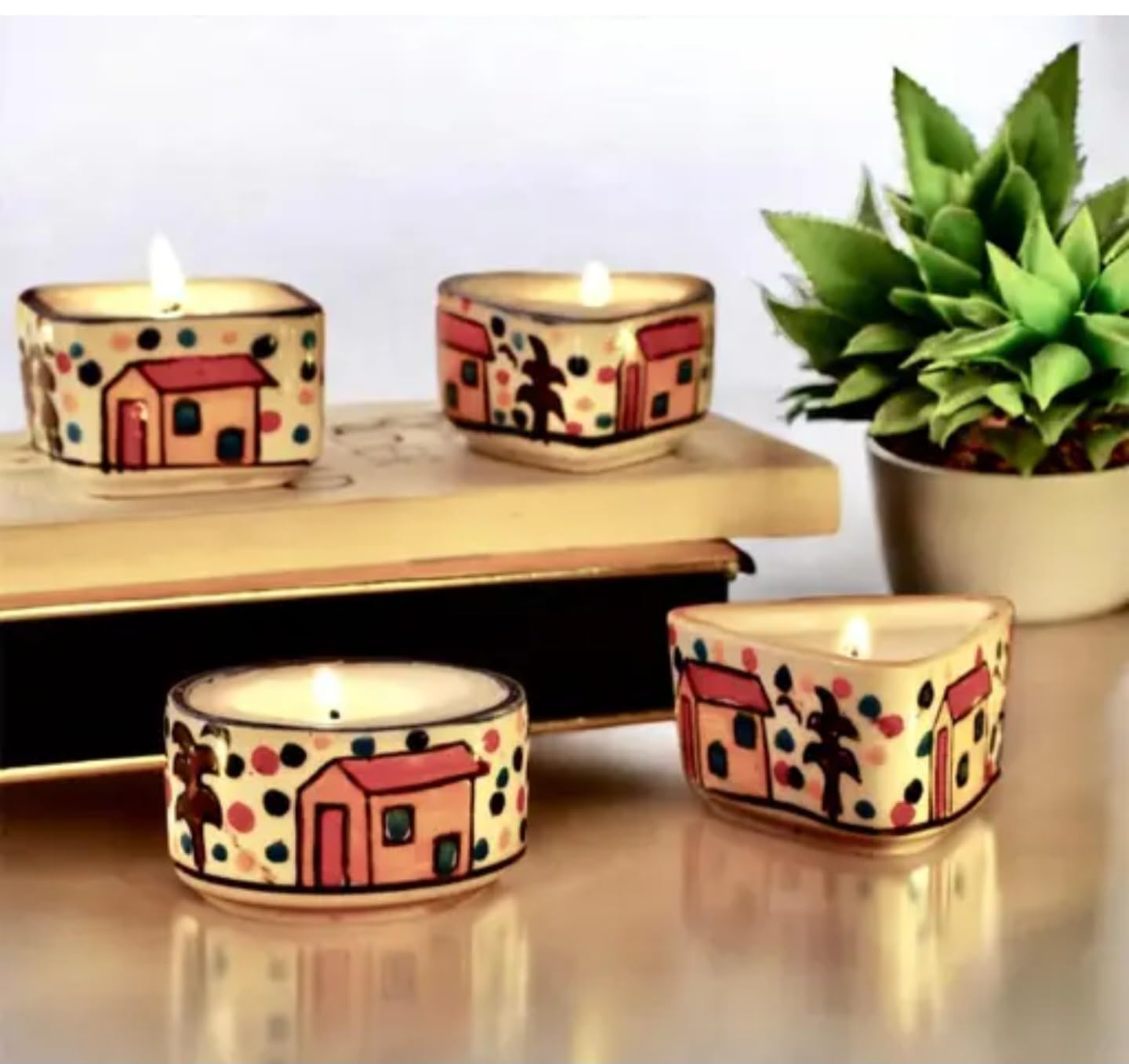 Traditional handmade candle, Handcrafted Decorative Ceramic Candles, House and Palm Tree Design, White with Colorful Patterns, Heart and Square Shapes, Set of 4