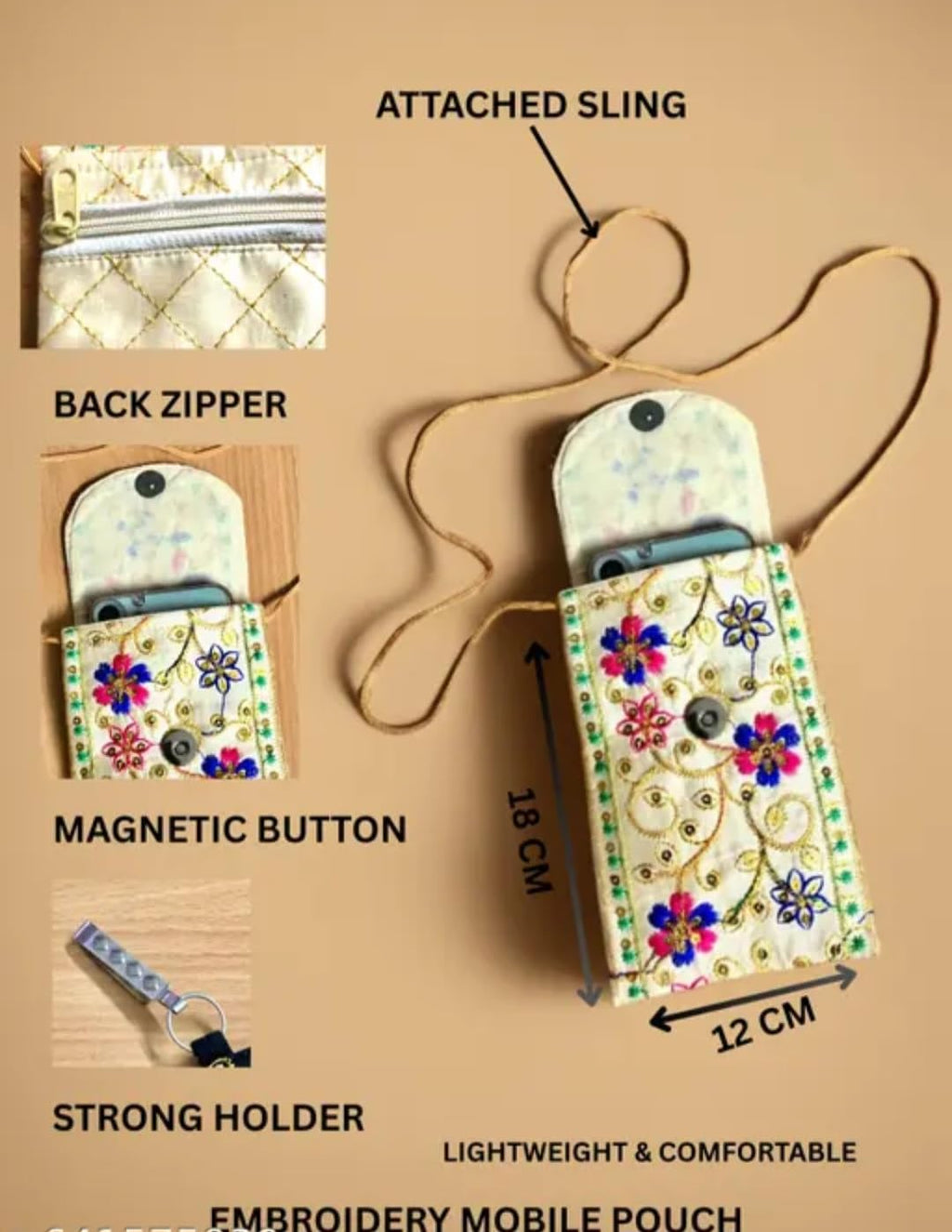 Embroidered Floral Mobile Pouch, Boho Indian Style, Multicolor, with Clip Hook, Set of 2