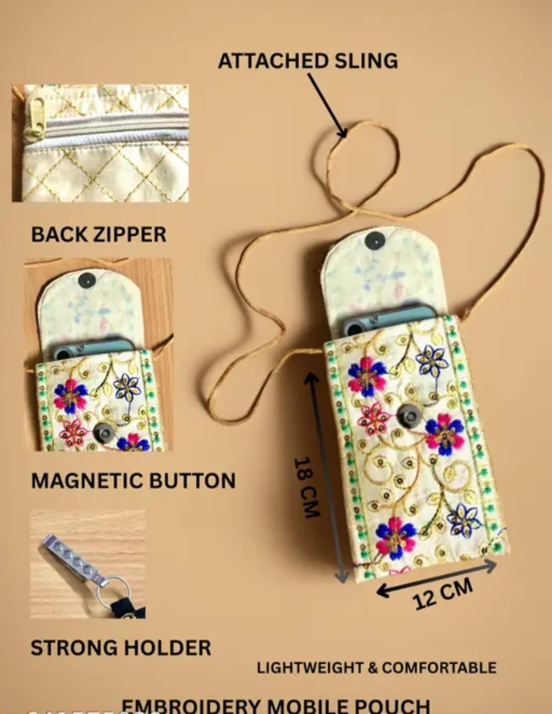 Embroidered Floral Mobile Pouch, Boho Indian Style, Multicolor, with Clip Hook, Set of 2