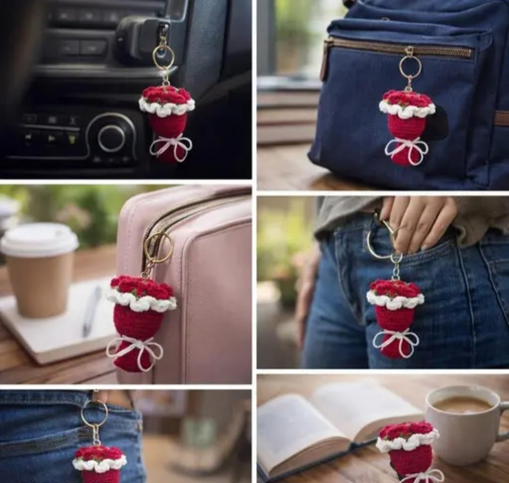 Crochet Rose Bouquet Keychain, Handmade Knit Floral Charm, Red and White, Accessory