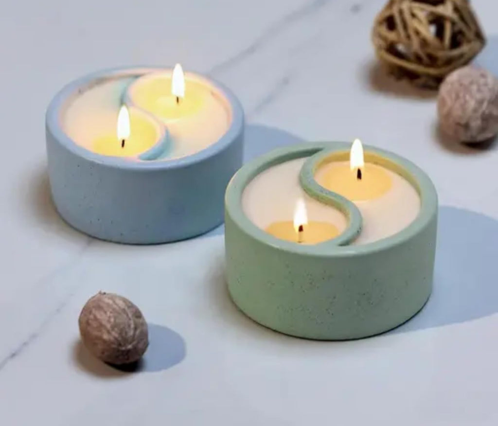 Decorative Concrete Tealight Candles, Dual Wick Design, Blue and Sage Green, Modern Minimalist Style
