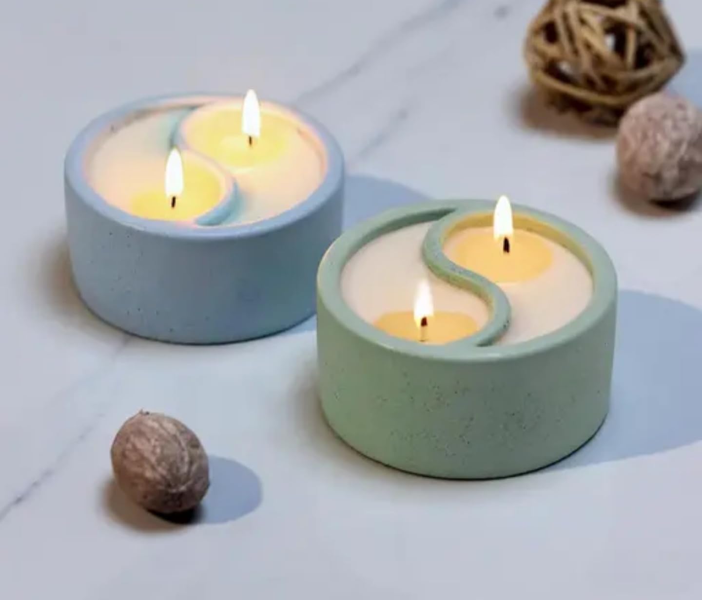 Decorative Concrete Tealight Candles, Dual Wick Design, Blue and Sage Green, Modern Minimalist Style