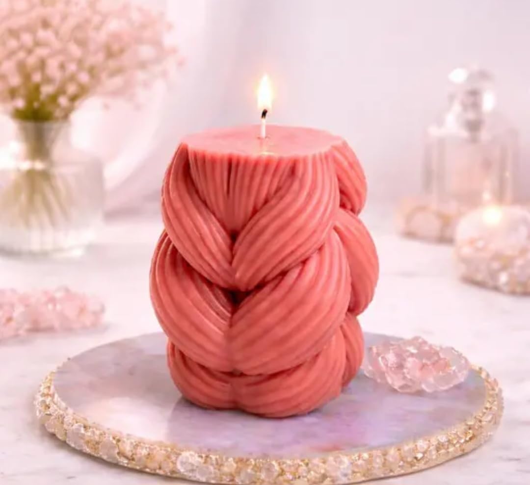 Braided Knot Candle, Coral Pink, Decorative Pillar Candle, Modern Home Decor