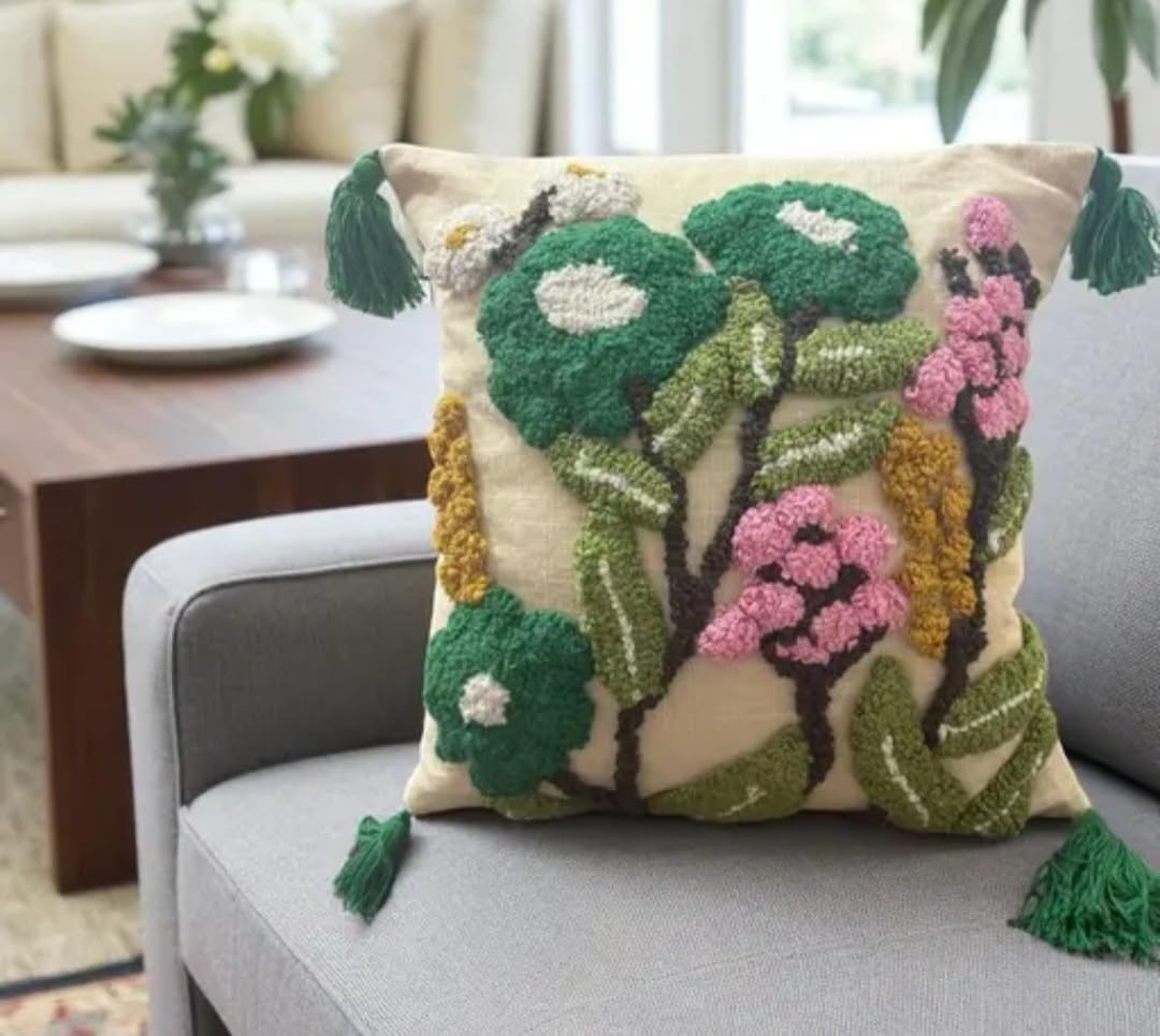 Floral Embroidered Throw Pillow Cover with Tassels, Boho Garden Tree Design, Multicolor