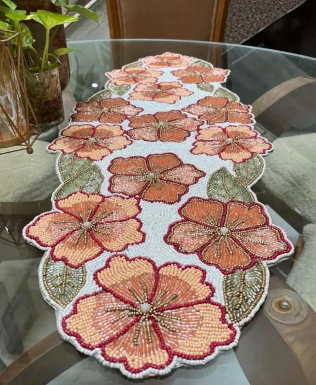 Embroidered Floral Table Runner, Coral Pink Flowers with Green Leaves, White Background, Decorative Home Accent