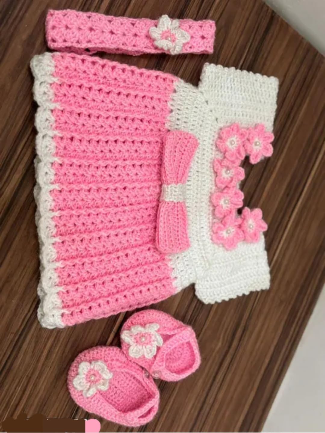 Handmade Crochet Baby Girl Dress Set, Pink and White, with Booties, Floral Bow Detail