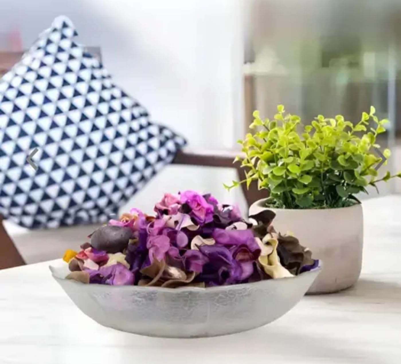 Decorative White Ceramic Bowl Set with Artificial Purple Flowers, Indoor Plant Pot, Geometric Throw Pillow