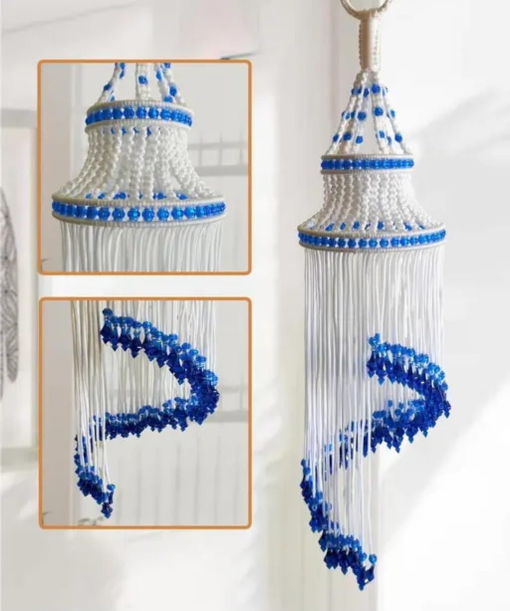Handmade Macrame Wind Chime, White and Blue Beaded Hanging Decor, Boho Style