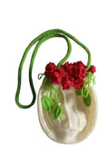 Handmade Crochet Crossbody Bag, Cream with Red Rose Floral Embellishment, Green Strap, Knit Drawstring Purse