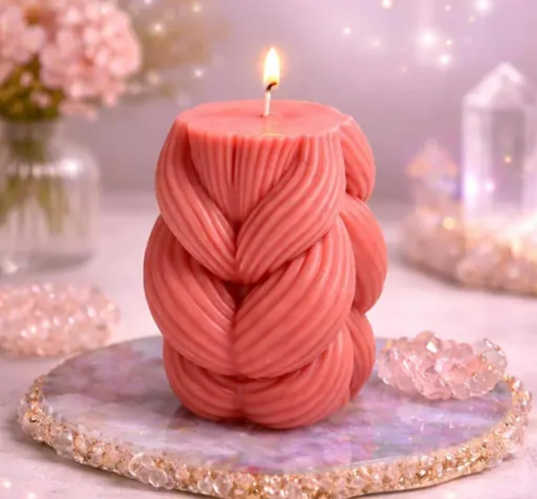 Braided Knot Candle, Coral Pink, Decorative Pillar Candle, Modern Home Decor