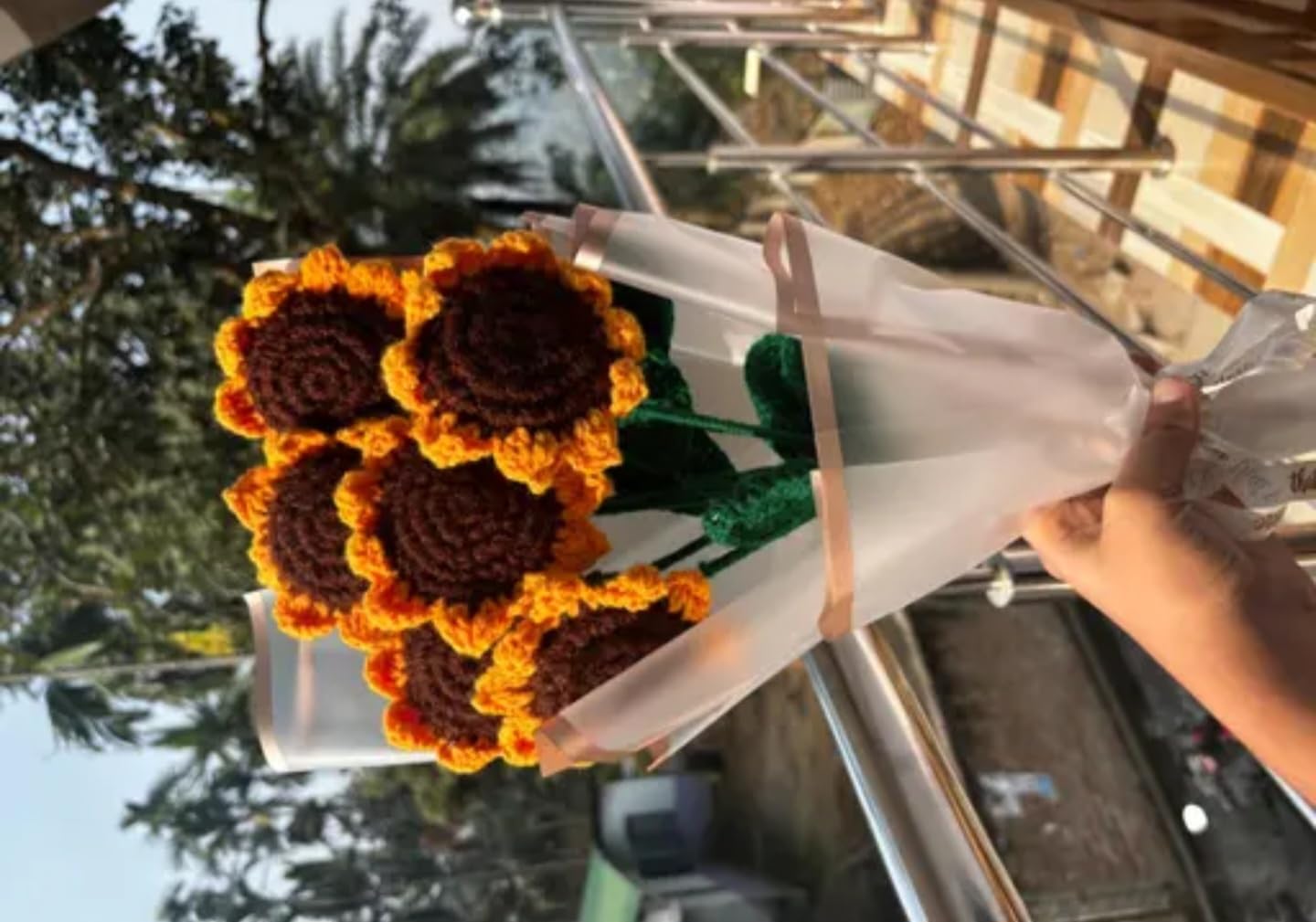 Handmade Crochet Sunflower Bouquet, 6 Flowers with Stems, Brown and Yellow, Gift Wrapped
