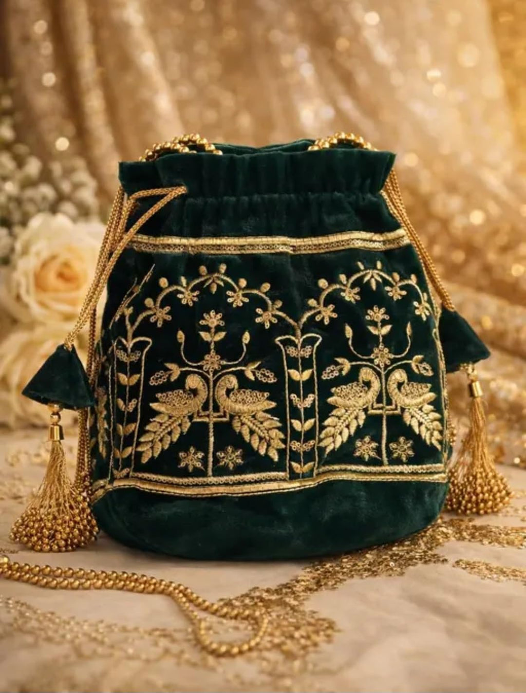 Velvet Potlie Bag, Emerald Green, Gold Zari Embroidery, Drawstring Clutch with Tassels, Bridal Wedding Purse