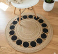 Round Jute Braided Area Rug, Natural and Black Circle Pattern, Boho Style, Living Room Decor