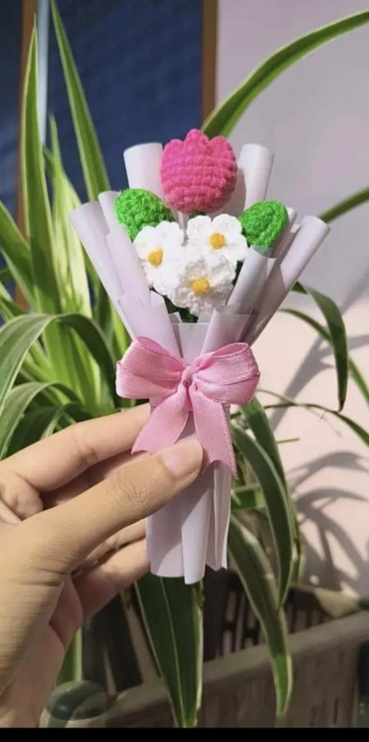 Handmade Crochet Flower Bouquet, Mini, with Roses, Daisies, Pink Ribbon, Gift Decoration, 1 piece, Random