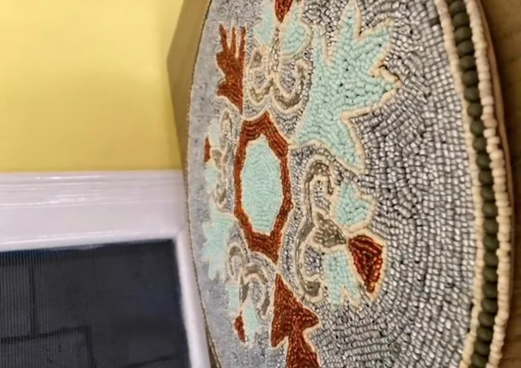 Round Beaded Placemat, Mandala Floral Design, Blue, Red, and Teal, Decorative Table Mat