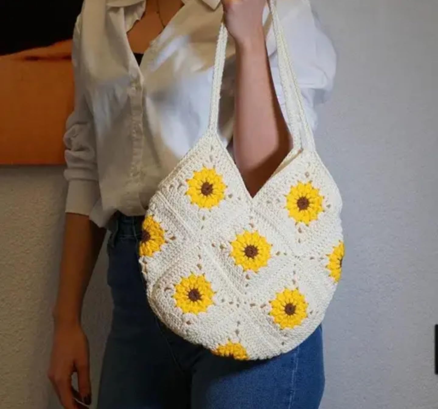 Handmade Crochet Sunflower Tote Bag, Cream and Yellow, Cotton Shoulder Bag