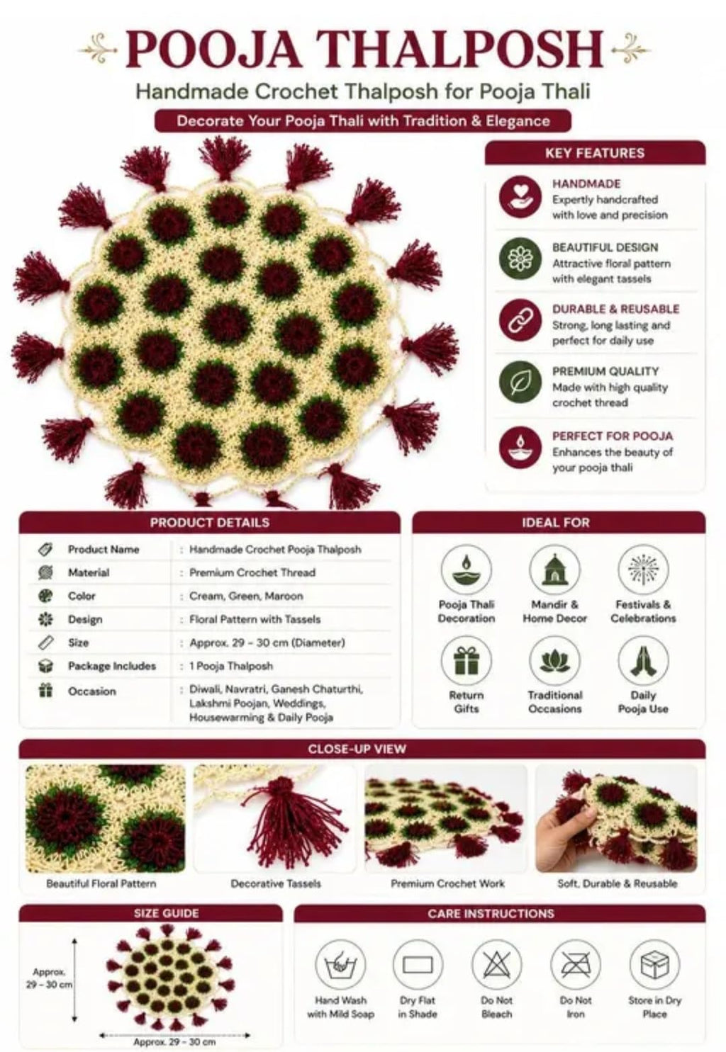 Handmade Crochet Pooja Thalposh, Floral Pattern with Tassels, Cream, Green, Maroon, 29-30 cm