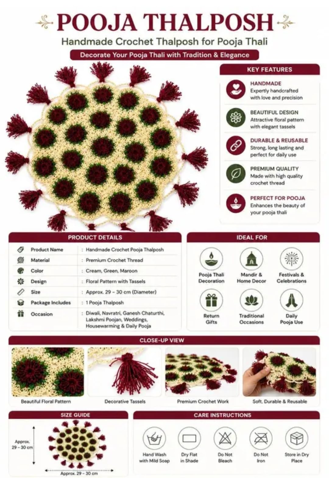 Handmade Crochet Pooja Thalposh, Floral Pattern with Tassels, Cream, Green, Maroon, 29-30 cm