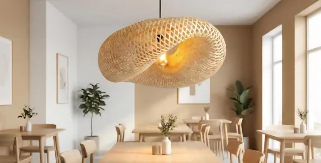 Handwoven Bamboo Pendant Light, Natural Beige, Oval Shape, Modern Bohemian Style, Ceiling Fixture