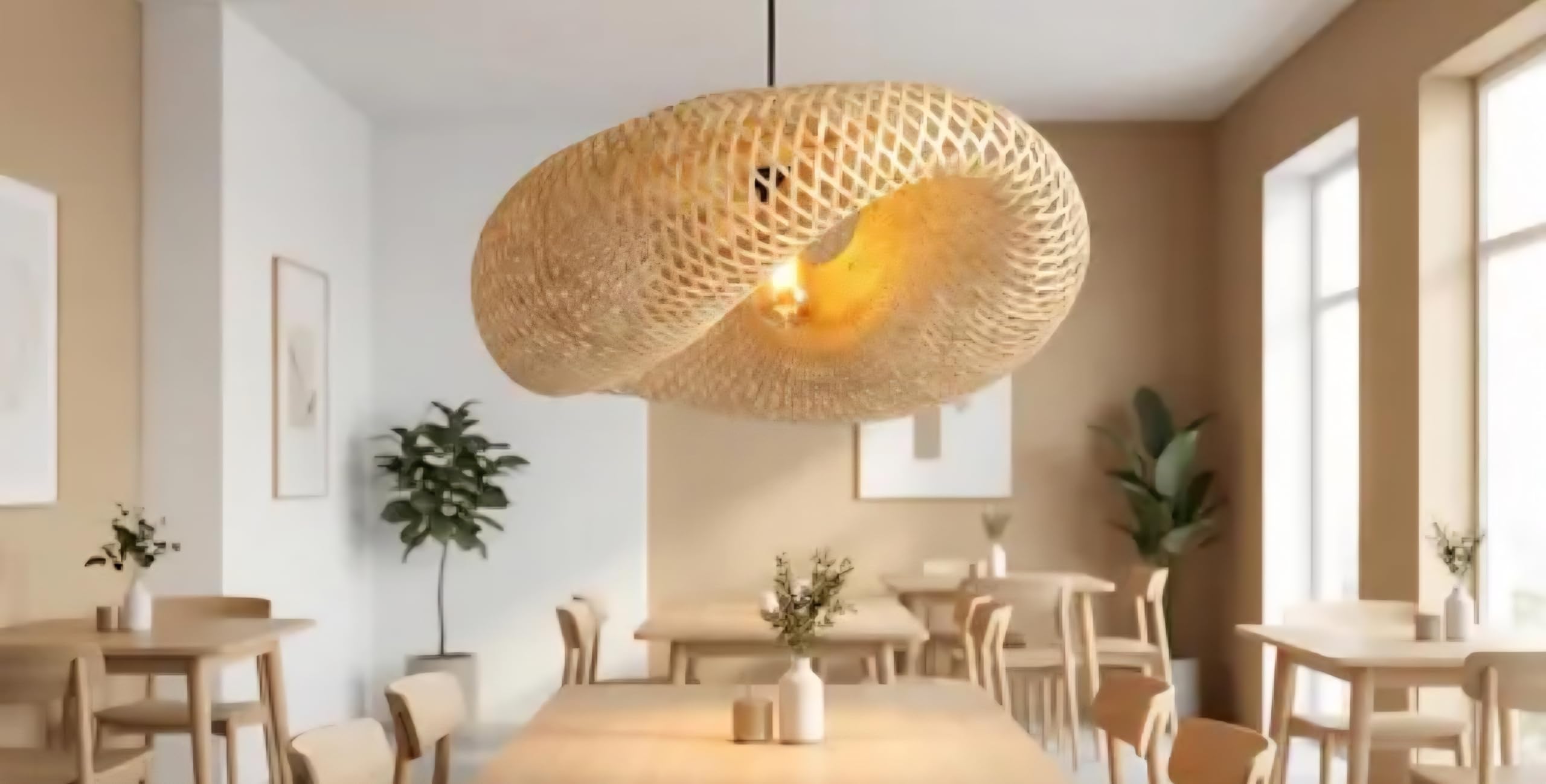 Handwoven Bamboo Pendant Light, Natural Beige, Oval Shape, Modern Bohemian Style, Ceiling Fixture