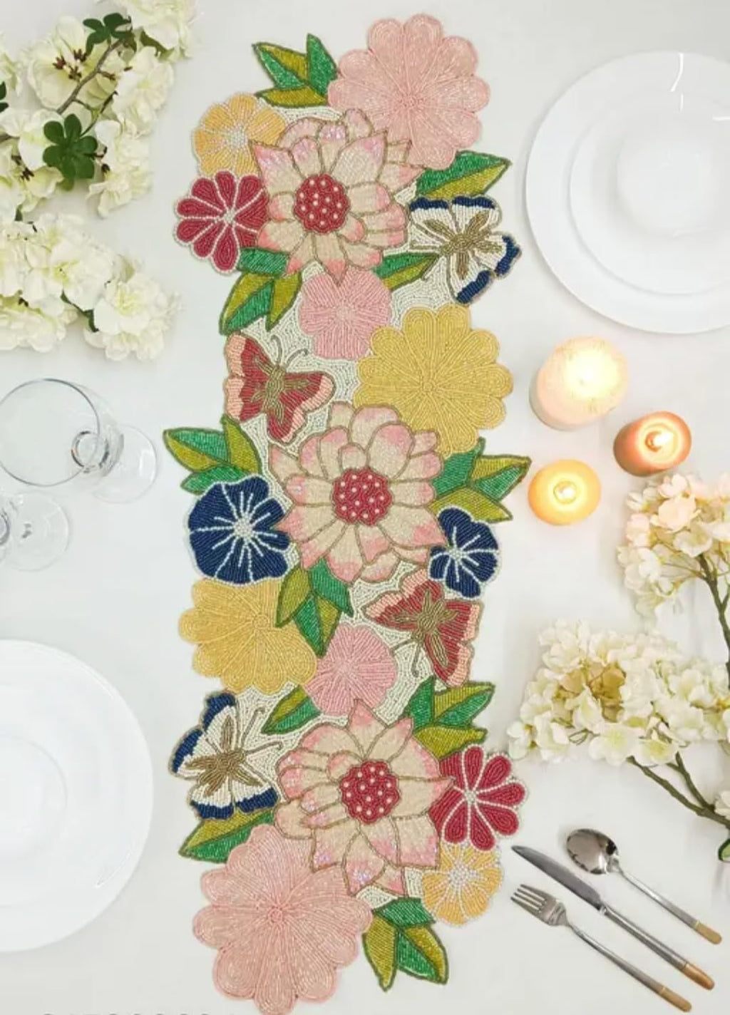 Beaded Floral Table Runner, Multicolor, Embroidered Design, Pink Yellow Blue Green, Spring Garden Theme