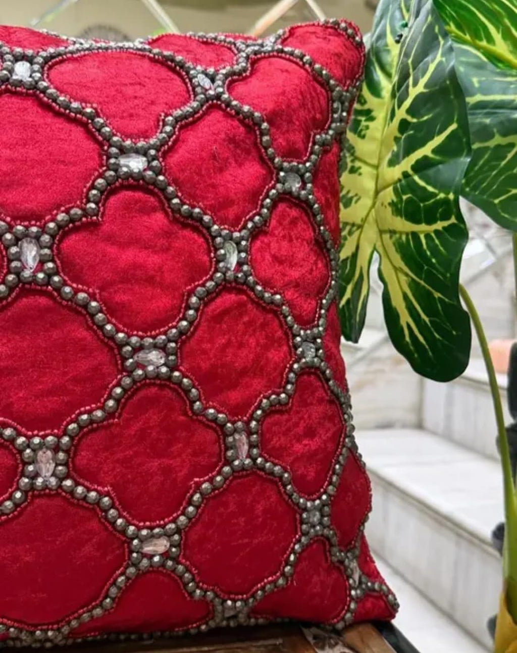 Red Velvet Decorative Cushion Cover with Silver Beaded Quatrefoil Embroidery, Sofa Throw Pillow