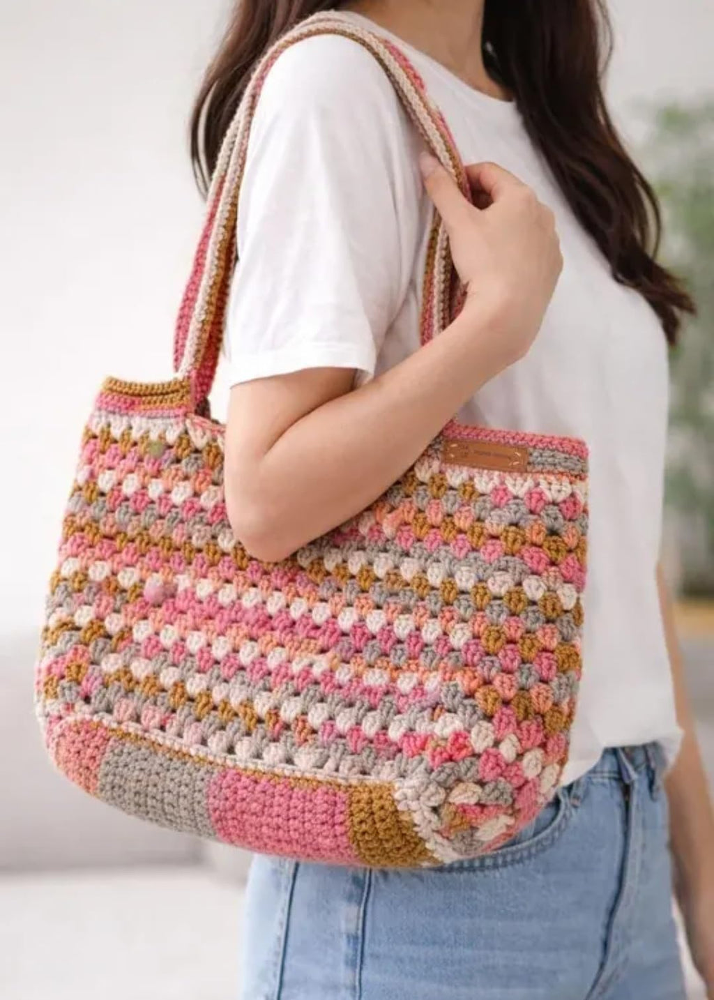 Handmade Crochet Tote Bag, Multicolor Striped, Granny Square Pattern, Shoulder Bag