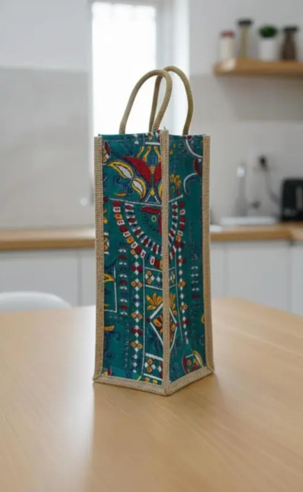 Jute Wine Bottle Bag with Rope Handles, Teal Ethnic Print, Single Bottle Carrier Tote
